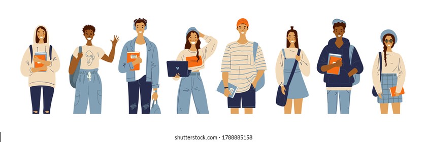 International group of students with laptop, books, backpacks. Fashionable college youth. A group of girls and guys are studying. Flat vector illustration