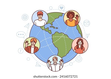 International group of students studying and communicating via internet around globe. Guys and girls online college students learn global competencies on international platform for gaining knowledge