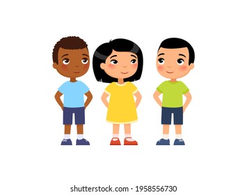 International group of young children hide their hands behind their backs. Concept of secret, surprise.  Cute cartoon characters isolated on white background. Flat vector color illustration