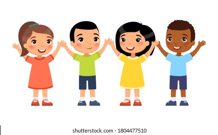 International group of young happy children. The concept of children's  holiday. Cute cartoon characters isolated on white background. Flat vector color illustration. 