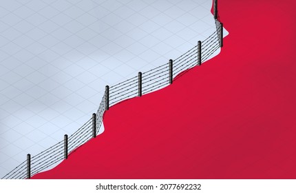 International guarded border between countries. Fence with barbed wire. Closed for movement of people in connection with the coronavirus pandemic in the world. Illegal crossing. Isometric vector. 