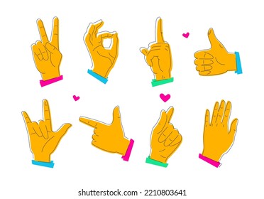 International hand gestures - set of flat design style illustrations isolated on white background. A collection with palms and fingers expressing greeting, love, peace, indicating direction, thumb up
