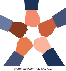 International hands business team making fist bump circle gesture, unity group symbol, collaboration, support, unity, partnership, effective work together, teamwork. Teambuilding, power. Vector