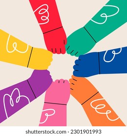 International hands  team making fist bump circle gesture, unity group symbol, collaboration, support, unity, partnership, effective work together, teamwork. Colorful vector illustration
