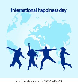 International Happiness Day. Happy jumping people silhouettes isolated on map background. World Happy Day banner. Stock vector illustration