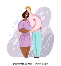 International happy couple hugging and laughing. Relationships and love. Date in modern flat style. Family and unity of different people. Vector element for cards, invitations and your creativity
