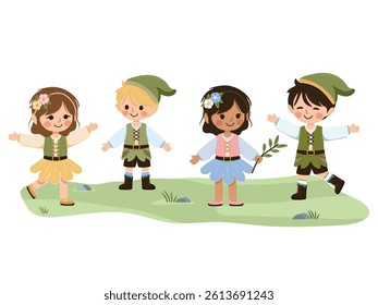 International happy and cute girls and boys playing together in the forest on white background. Poster, Banner, Flyer, Greeting Card. Vector illustration in flat cartoon style