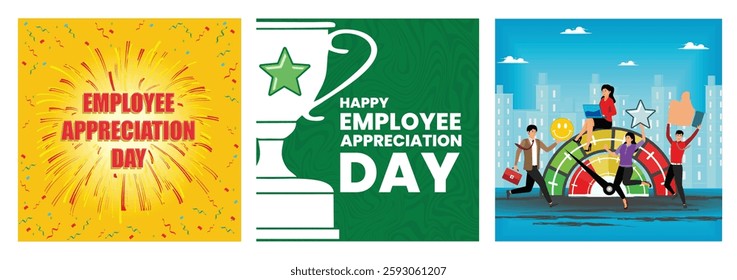 International Happy Employee Appreciation Day with this dynamic and colorful design. This image conveys gratitude and recognition. Business people employee with stars and happy reward. 