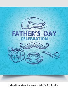 International Happy Father's Day. Billboard, Poster, Social Media, Greeting Card template. Silhouette happy father's day vector illustration cap, gift, tea-cup, moustache.