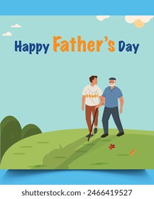 Ilustración internacional del día del padre feliz, ayuda al padre, Plantilla de Vector de fondo, puesta del sol disfrute de la tarjeta del día del padre feliz, cartel o Anuncio. Papá sosteniendo a su hijo, Vector dibujado a mano.