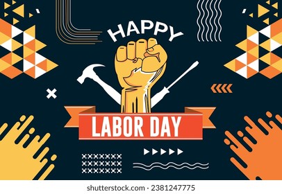 International Happy Labor Day Typography banner design with labor tools and hand fist. Abstract modern geometric background.