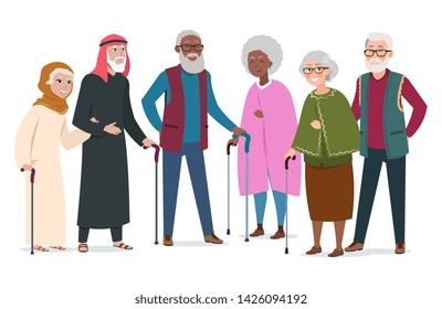 International happy old people. Elderly afroamericans, muslims and caucasians vector illustration. Arab islam people, muslim grandmother, together multicultural people