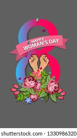 International Happy Women's Day. 8 March holiday background. frame of flower and leaves. Paper art from digital craft style. - Vector