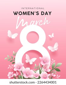 International happy women's day 8 march with flowers and butterfly poster design on pink background, EPS10 Vector illustration.
