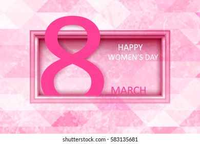 International Happy Women's Day. 8 March holiday background with Pink mosaic background with square Frame. design  template for  greeting card, invitation, poster, banner. vector illustration.
