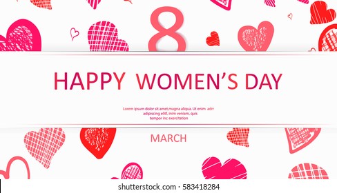 International Happy Women's Day. 8 March holiday concept  background  with Hand-drawn pink, red heart. Vector Festive illustration.