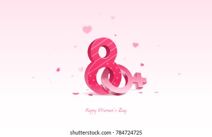 International Happy Women's Day, 8 March. 3D Number And Female Sign With Heart Confetti In Background.