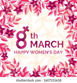 International Happy Women's Day. Banner with pink flower frame and background. 8th March flyer with floral decor. Invitations or postcard with square frame with flowers. Vector illustration.