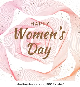 International Happy Women's Day. Floral greeting card. 3d rose flower background with golden explosion of confetti. Creative line art. Design elements created using the Blend Tool.