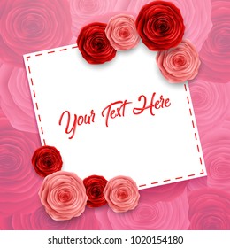 International Happy Women's Day greeting card with roses and white paper space for text on flower pattern background