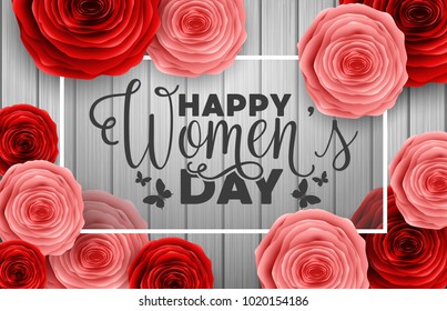 International Happy Women's Day greeting card with roses flowers on wooden background