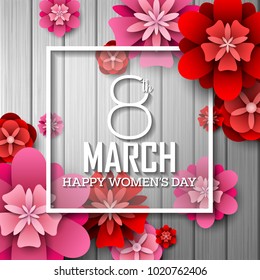 International Happy Women's Day greeting card with flowers and square frame on wood background