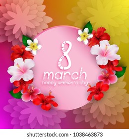 International Happy Women's Day greeting card with round banner and hibiscus flowers