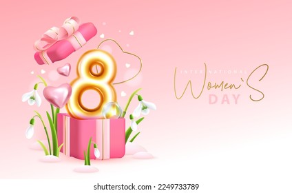 International happy womens day greeting card. Realistic golden metal number eight, Snowdrop Flowers and gift box. March 8. Vector illustration