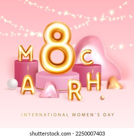 International happy womens day greeting card. Realistic golden metal number eight, electric lamps and 3d love hearts. March 8. Interior design. Vector illustration