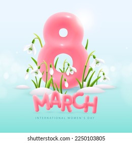 International happy womens day greeting card. Realistic pink plastic number eight and Snowdrop Flowers. March 8. Vector illustration