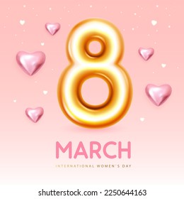 International happy womens day greeting card. Realistic golden metal number eight and 3d love hearts. March 8. Vector illustration
