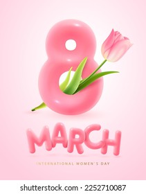 International happy womens day greeting card. Realistic pink plastic number eight and pink tulip. March 8. Vector illustration