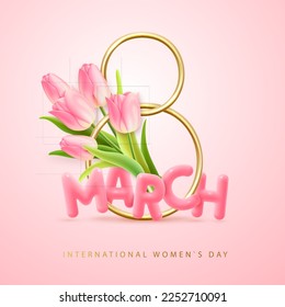 International happy womens day greeting card. Realistic golden metal number eight and pink tulips. 8 March. Vector illustration