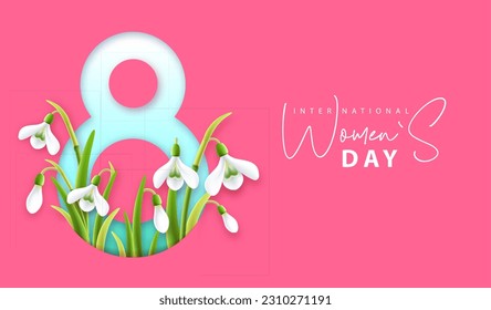 International happy women`s day greeting card. Paper cut number eight and Snowdrop Flowers. 8 March. Vector illustration