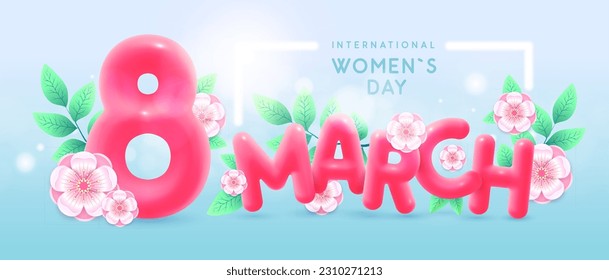 International happy women`s day greeting card. Realistic pink plastic number eight, spring flowers and green leaves. March 8. Vector illustration