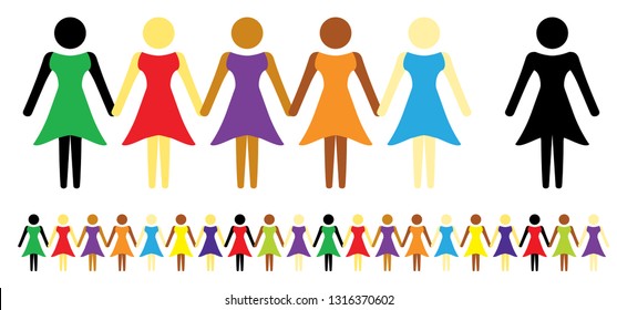 International Happy Women's Day, Womens Day, IWD on march. Cartoon paper cut style. Young woman, women, girl rights protest. # me too. Vector womanhood banner. For business, work and school.