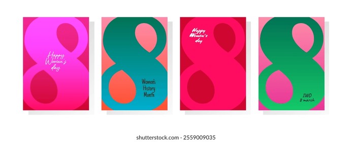 International happy Womens day. IWD 8 march. Womens history month. Set vertical posters and banners. Bright gradient colors. Flat vector illustration