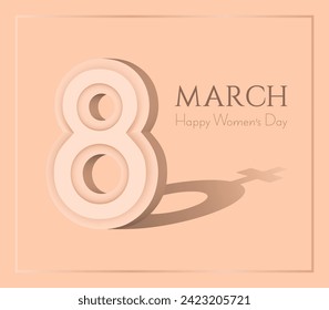 International Happy Women's Day, March 8th. 3D number and female sign. Shades of peach fuzz color