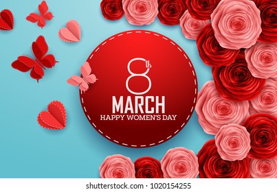 International Happy Women's Day with paper cutting butterflies, roses flowers and red round sign on blue background