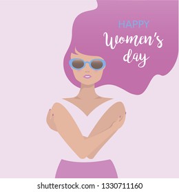 International Happy Women's day vector. Lovely young woman with long pink hair. 