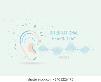 Día Internacional de Audiencia. 3 de marzo.
Silhouette de una oreja y ondas sonoras que entran en ella. Fondo azul claro.
