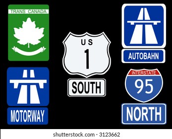 international Highway signs illustration American, Canadian, German and British