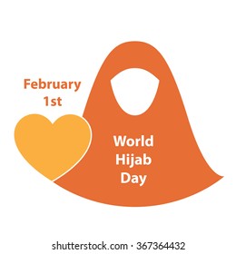 International Hijab Day. Vector logo, concept, banner, sticker, card. Muslim dress silhouette, heart shape.