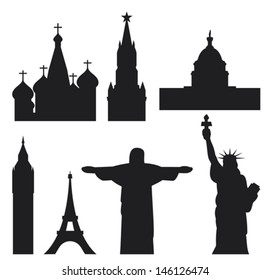 International historical landmark monuments (Eiffel Tower, Big Ben, Statue of Liberty, U.S. Capitol, St. Basil's Cathedral in Red Square, Christ the Redeemer statue in Brazil, Kremlin tower)