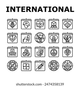 international holiday day icons set vector. girl child, peacekeepers, midwife, cooperatives, forests, seafarer, victims slavery international holiday day black contour illustrations