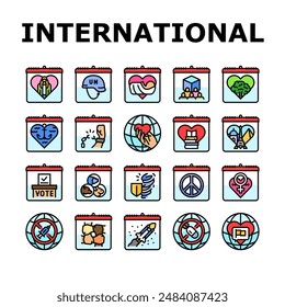 international holiday day icons set vector. girl child, peacekeepers, midwife, cooperatives, forests, seafarer, victims slavery international holiday day color line illustrations