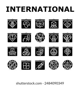 international holiday day icons set vector. girl child, peacekeepers, midwife, cooperatives, forests, seafarer, victims slavery international holiday day glyph pictogram Illustrations