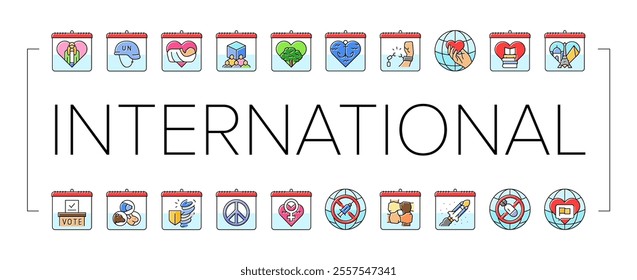 international holiday day icons set vector. girl child, peacekeepers, midwife, cooperatives, forests, seafarer, victims slavery international holiday day color line illustrations