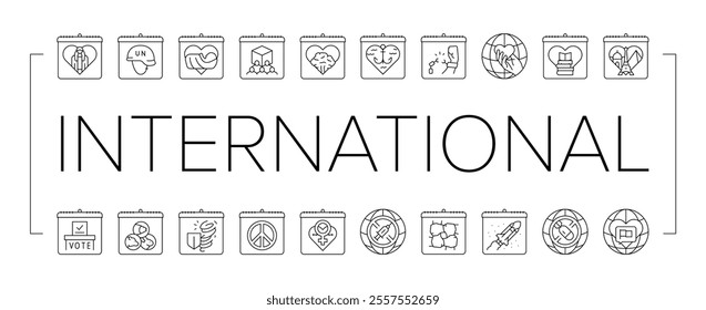 international holiday day icons set vector. girl child, peacekeepers, midwife, cooperatives, forests, seafarer, victims slavery international holiday day black contour illustrations