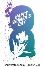 International holiday. Happy women's day 8 of march greetings card. Pamphlet, flyer or banner. Modern rusty stains. Vector illustration.